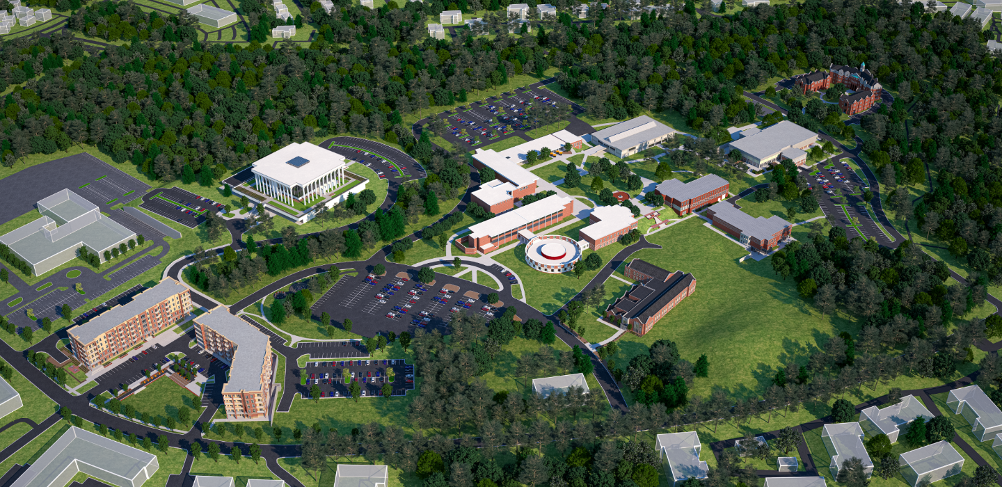 Digital rendering of the Atlanta campus buildings from an aerial perspective